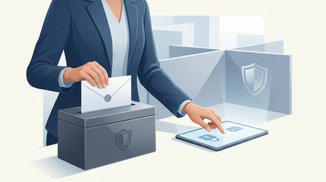 Secure voting system illustration showing a woman choosing between paper ballot box and digital electronic voting tablet