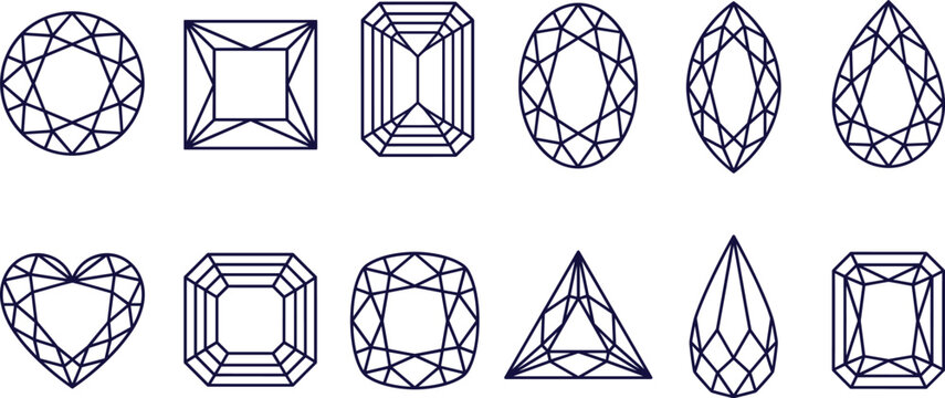 Blue Line Art Diamond and Crystal Gemstone Icon Set with Geometric Jewelry Shapes for Luxury Brand Logo Designs