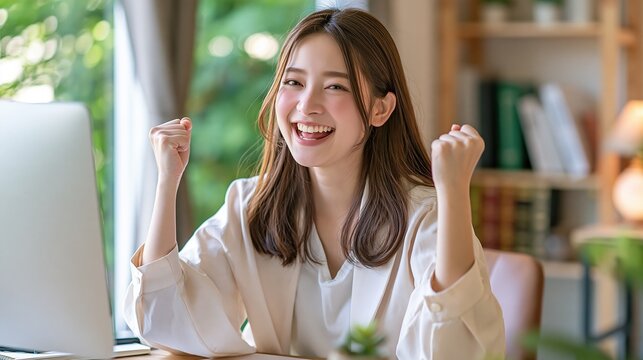 Excited young Asian woman celebrating success with fists pumped in a bright, modern office environment