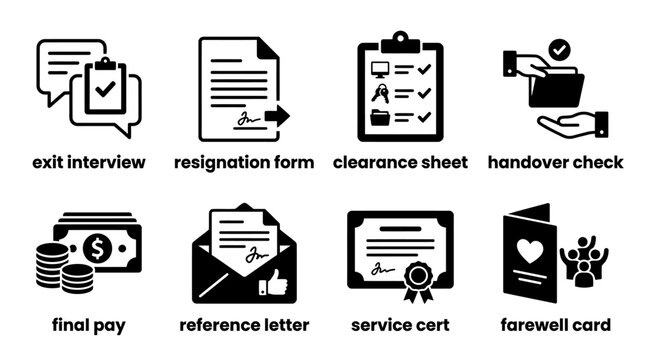Set of employee offboarding and resignation process icons with offboarding resignation interview clearance handover reference certificate farewell business employment contract documentation