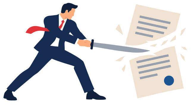 Determined businessman in dark blue suit swinging a silver sword to cut a legal paper agreement document into two halves vector illustration concept isolated over clean solid white background scene