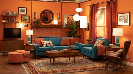 Obraz premium Vibrant Mid-Century Modern Living Room with Teal Furniture and Warm Orange Walls