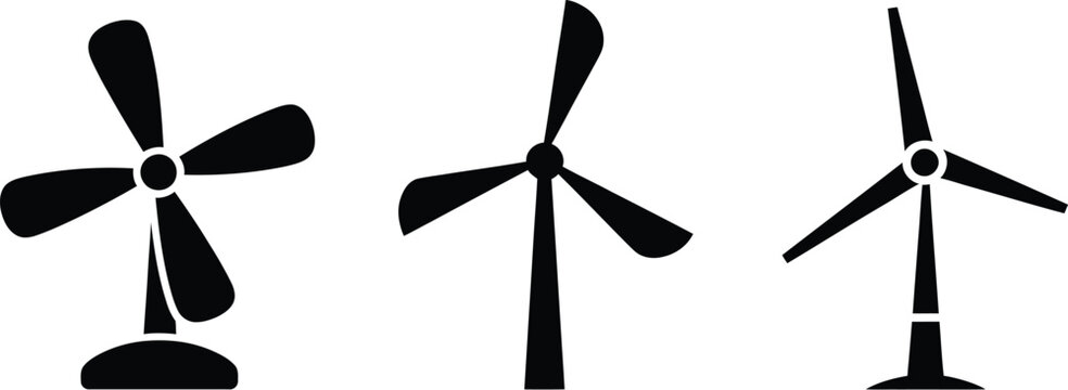 Wind turbine and electric fan vector icon set featuring desk fan windmill and wind generator isolated on white background graphics.