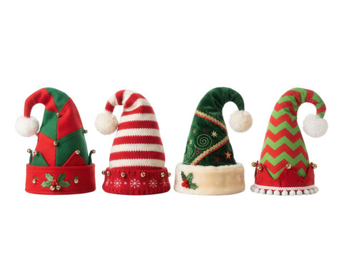 Four festive elf hats arranged neatly on transparent background