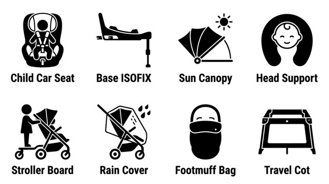 Baby travel and transportation safety gear icons including car seat and stroller accessories with transport stroller footmuff collection minimalist pictogram isolated movement mobility