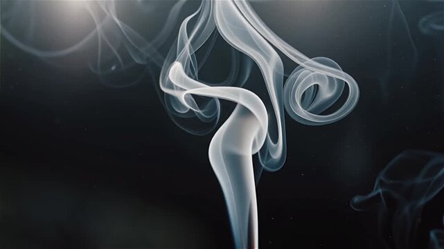 Elegant White Smoke Swirls and Wisps Rising with Floating Particles Isolated on Dark Background