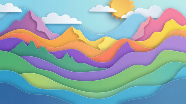 Flat Vector Papercut Landscape with Layered Pastel Rolling Hills Mountains Sun and Clouds on Blue Sky Background