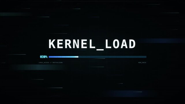 Futuristic system boot animation showing kernel load progress bar with percentage counter on dark screen.