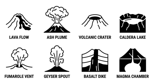 Set of volcano and magma geological activity icons including lava flow ash plume and caldera lake with eruption fumarole tectonic activity mountain landscape disaster phenomenon geological