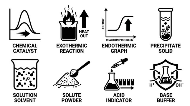 Set of black and white chemistry process icons depicting reactions and chemical states with chemistry reaction chemical exothermic endothermic catalyst precipitate indicator experiment