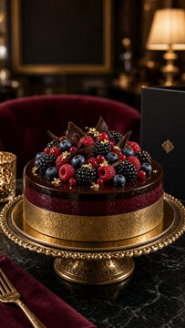 Elegant berry chocolate celebration cake with blackberries, raspberries, and blank plaque