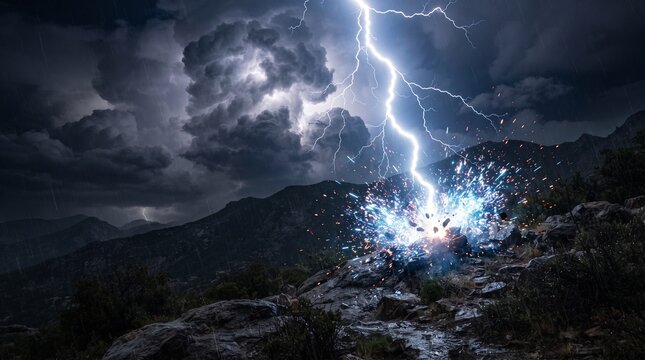 Lightning Strike
A massive lightning bolt striking the ground, bright electric sparks exploding outward, realistic 3D environment, dramatic storm clouds, cinematic lighting, high detail