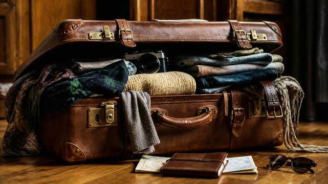 Overpacked Vintage Leather Suitcase with Travel Essentials &ndash; Luxury Adventure and Travel Preparation Concept