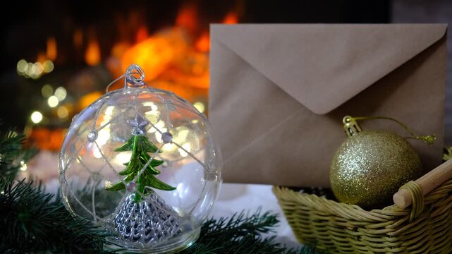 Glass snow globe with miniature Christmas tree. Magic of the holiday season. String lights twinkle gently, casting a golden glow. Fireplace adds comforting warmth and the subtle scent. Merry Christmas
