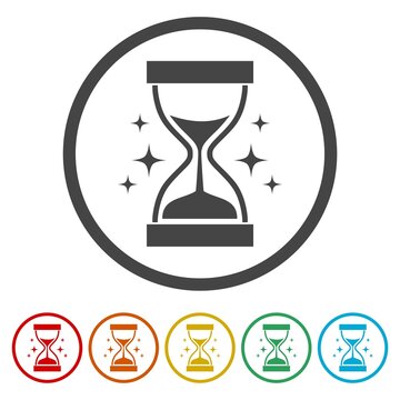 Hourglass with flowing sand sign icon. Set icons in color circle buttons