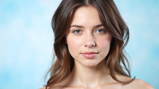 Portrait of a young woman with radiant skin against a pastel blue background