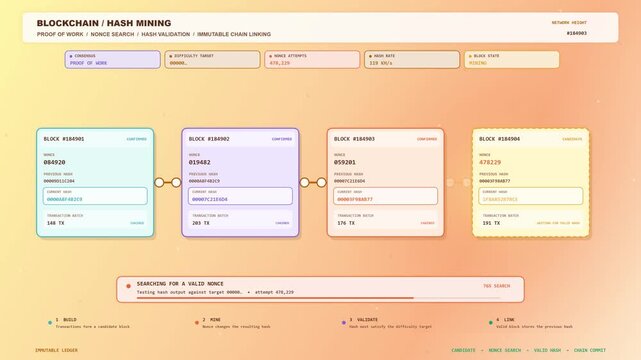 Abstract illustration of blockchain technology with connected blocks and hash mining concept.