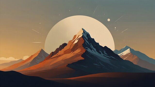 Stylized mountain landscape with a large moon rising in the background