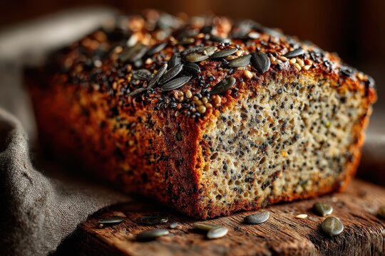 Rustic multigrain bread loaf with seeds on wooden table