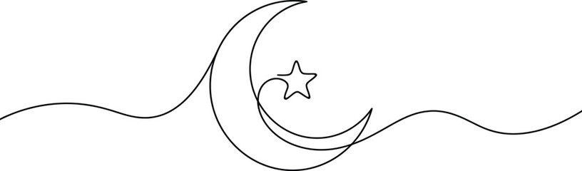 Continuous single line drawing of a crescent moon and star © Shipu