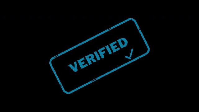 Blue verified stamp animation appearing on a black background for document validation and security.