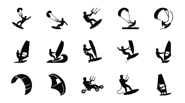 Kitesurfing and Windsurfing Silhouette Vector Icons Set isolated on white background