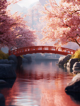 Red wooden bridge over calm pond surrounded by blooming cherry trees in traditional Japanese garden at sunrise