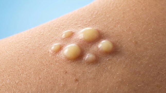 Close-up of clustered yellow fluid-filled blisters vesicles indicating impetigo or herpes skin infection