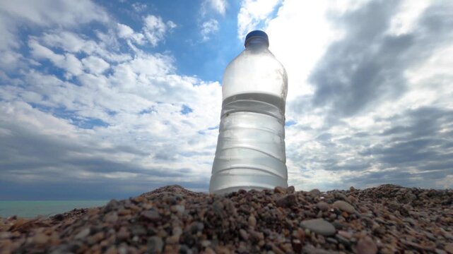 Plastic Bottle Waste on Pebbles Under Moving Clouds Timelapse. Plastic Bottle Litter in Nature with Fast Moving Clouds. Plastic Waste Pollution Under a Changing Cloudy Sky Timelapse.