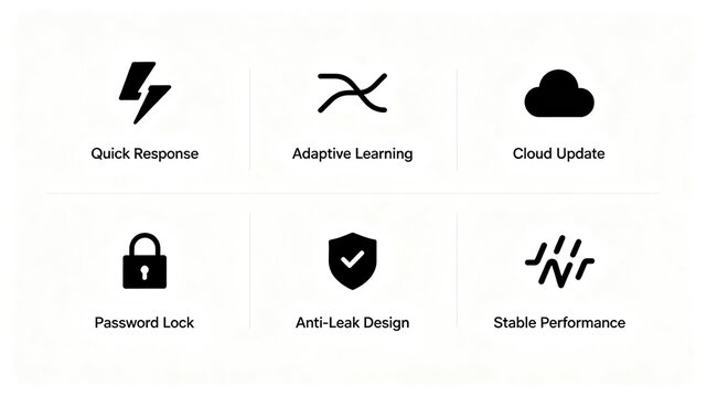 The black solid smart device feature icon represents fast response, adaptive learning, and cloud upgrade, suitable for promoting smart hardware and cross-border e-commerce.
