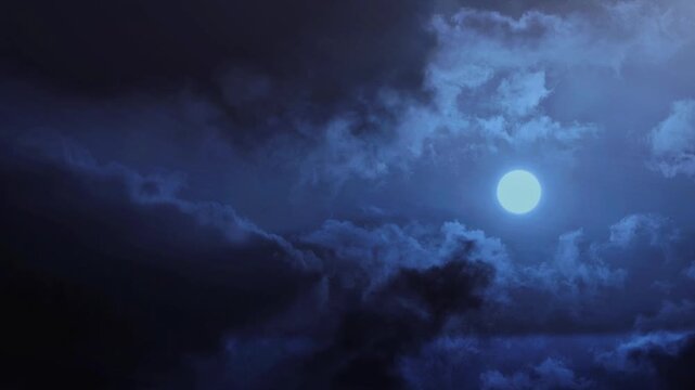A dramatic night sky featuring a bright full moon shining through dark blue storm clouds with frequent lightning strikes and flashes effect, Horror and Halloween concept