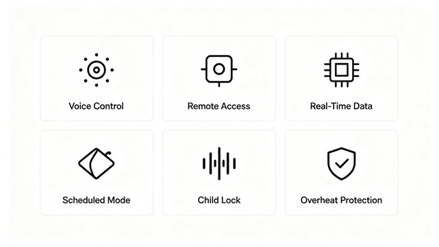 Minimalist line smart home function icon, representing voice control, remote control, and overheating protection, suitable for smart home appliance promotion and e-commerce detail modules.
