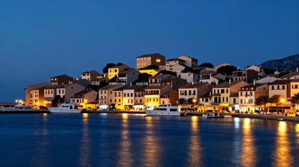 Obraz premium Blue Hour Coastal Town Night Mallorca Spain