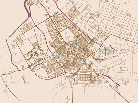 Pastel city map of Tabuk, Saudi Arabia in cream and blue
