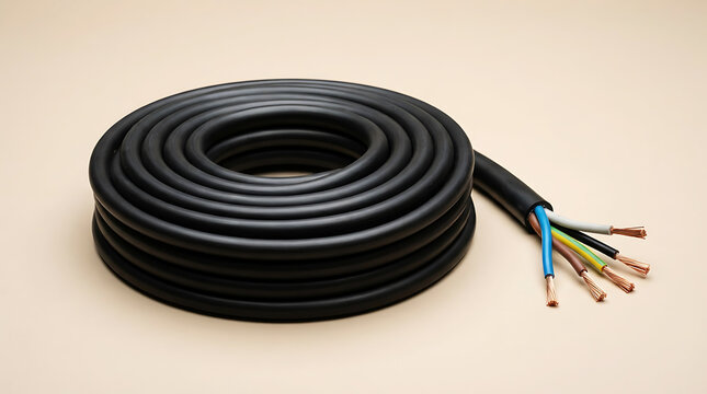 Coiled black electrical cable with colorful exposed wire ends on beige