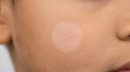 Obraz premium Close-up of a circular hypopigmented dry patch on human facial cheek, pityriasis alba or early vitiligo