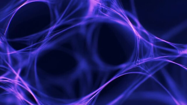 Glowing blue and violet filaments drift and reshape into looping web-like forms across dark navy background, creating soft translucent curves, luminous intersections, and flowing abstract motion
