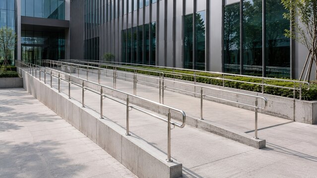 Modern wheelchair accessibility ramp with stainless steel handrails outside a contemporary public building representing accessible architecture, universal design, mobility, safety.