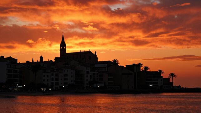 Town Sunset Silhouette Coastal Mallorca Spain