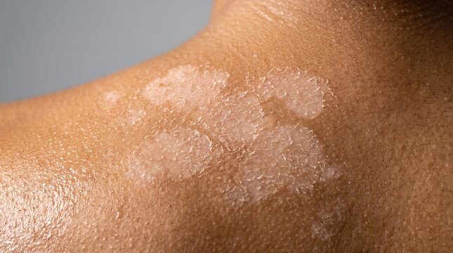 Macro view of peeling skin and hypopigmented patches on human shoulder, tinea versicolor or sunburn recovery