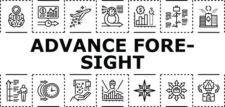 Advance foresight banner infographic. Intelligence estimation, vision preparedness, anticipation innovation icon vector illustration