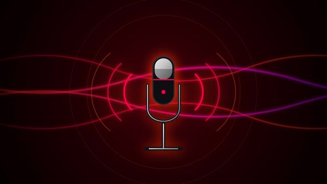 4K animation of a stylized condenser microphone icon with red glowing sound wave rings and flowing abstract horizontal lines on a dark background for radio, podcasting, and audio media.