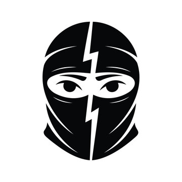 A striking black and white vector icon of a face wearing a balaclava ski mask with a lightning bolt striking down the middle. Represents extreme sports, tactical gear, superhero or villain motifs, and