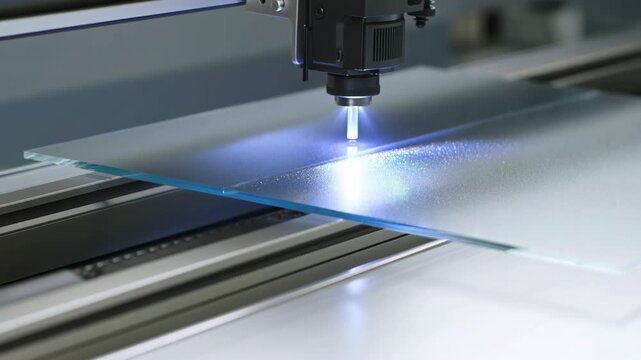 Automated machine head travels across transparent glass sheet, directing bright blue-white light over textured surface on precision rails in clean industrial workspace