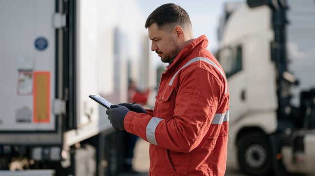 Hungarian truck driver doing a walkaround inspection of his fully loaded refrigerated trailer, checking seals and placards before departure, pre trip inspection routine, transport