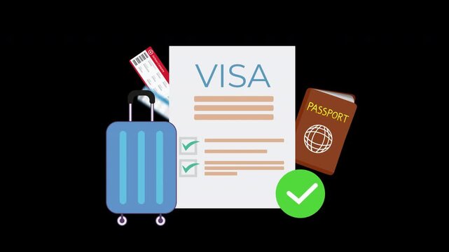 Visa Approval and International Travel Concept with Passport, Luggage, Airline Tickets and Checkmarks