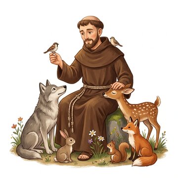 This illustration depicts Saint Francis of Assisi, a Catholic friar and mystic known as the patron saint of animals and the environment. He founded the Franciscan Order, the Order of Saint Clare, and 