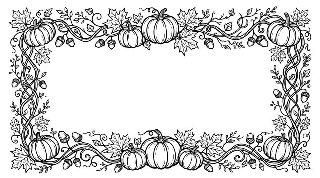 Black and white hand drawn rectangular frame featuring pumpkins vines leaves and autumn harvest elements for seasonal holiday card design