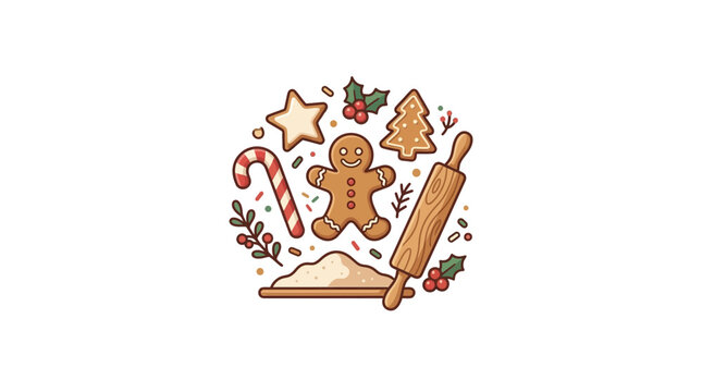 Christmas gingerbread man and festive baking tools vector