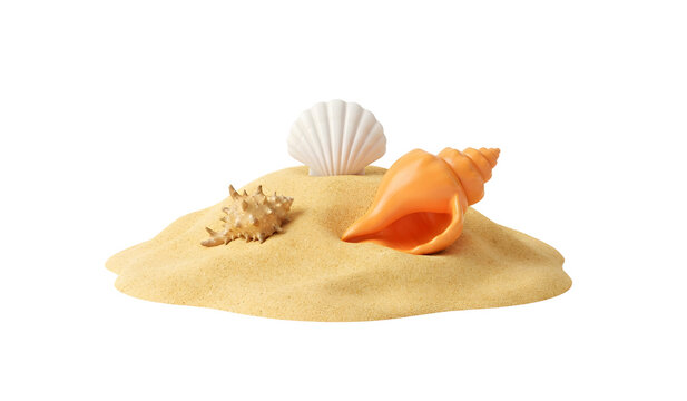 Various 3D realistic sea shells and conch placed on a small sand dune representing beach vibes
